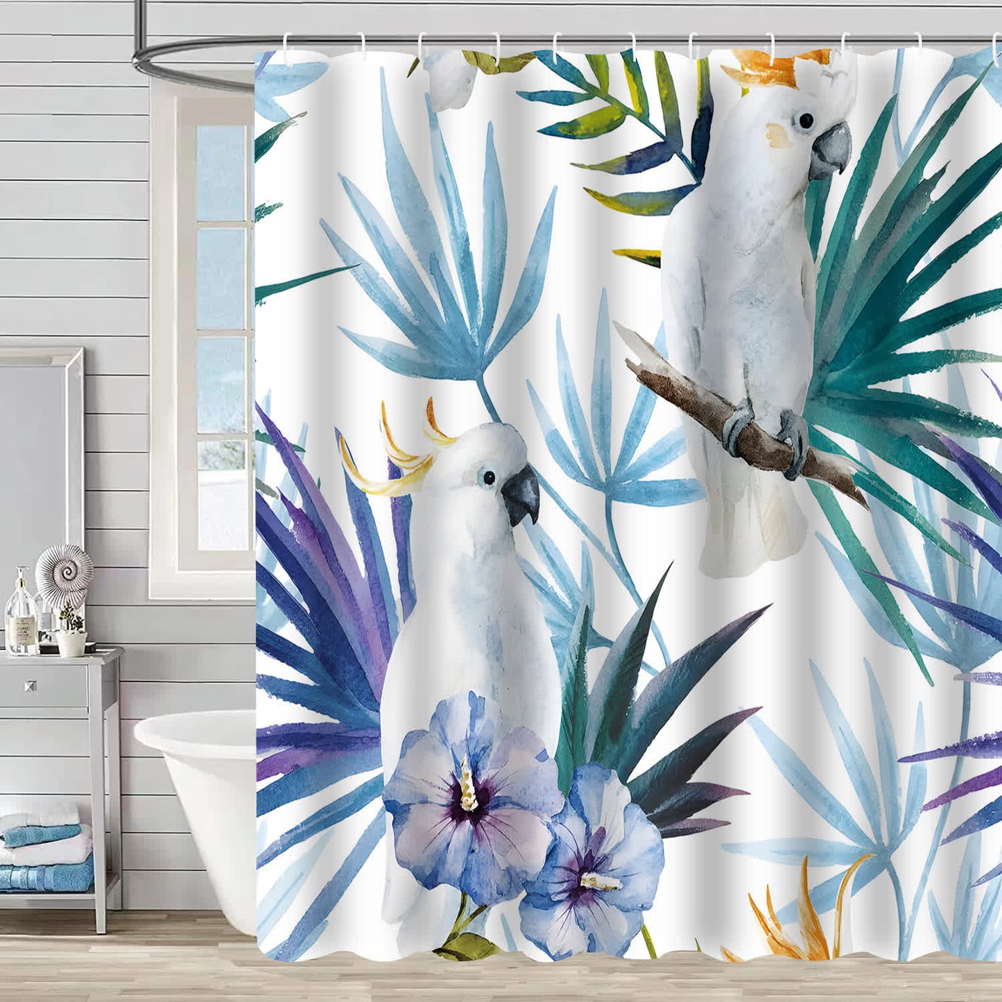 Tenda da doccia decorativa impermeabile con motivo floreale a uccelli
