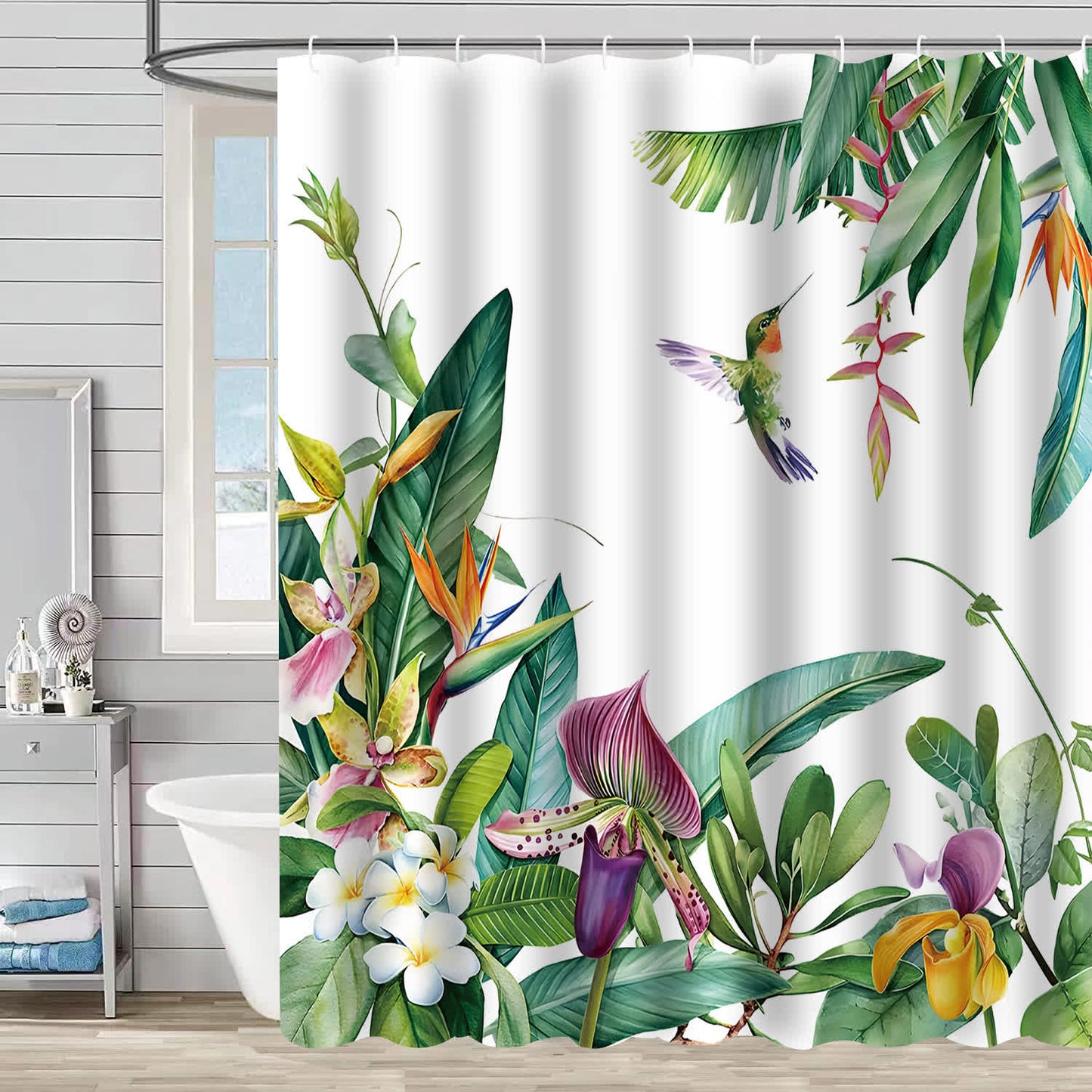 Tenda da doccia decorativa impermeabile con motivo floreale a uccelli