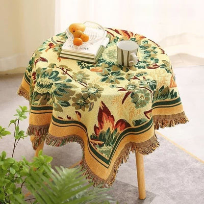 Tovaglia vintage in jacquard con motivo gerbera e girasole blu