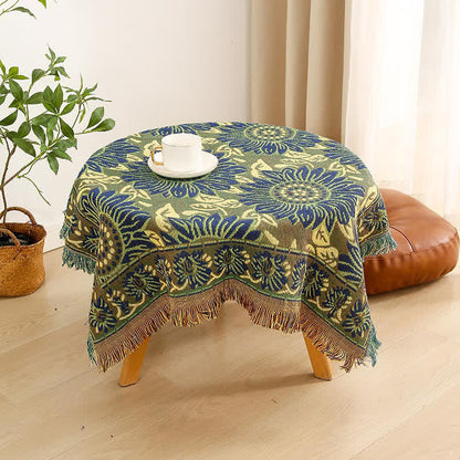 Tovaglia vintage in jacquard con motivo gerbera e girasole blu