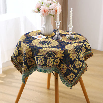 Tovaglia vintage in jacquard con motivo gerbera e girasole blu