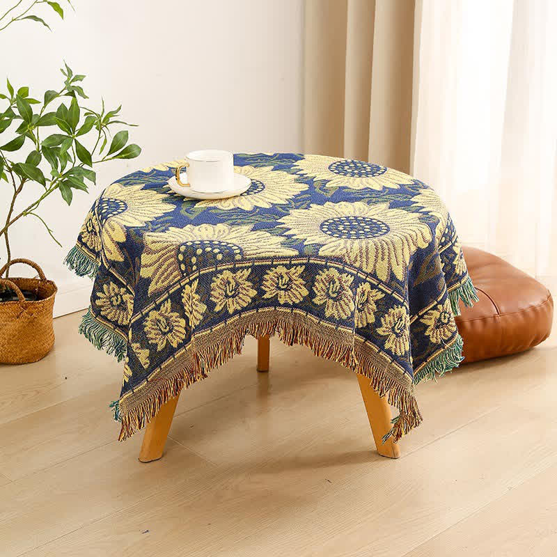 Tovaglia vintage in jacquard con motivo gerbera e girasole blu