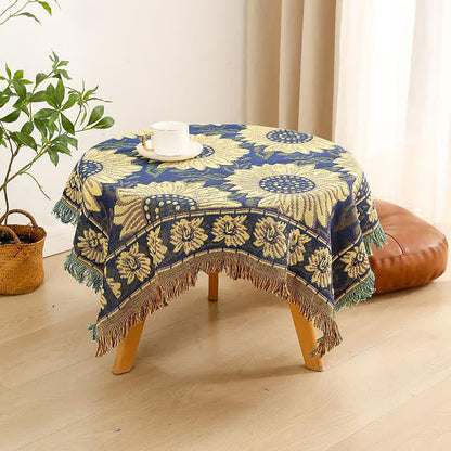 Tovaglia vintage in jacquard con motivo gerbera e girasole blu