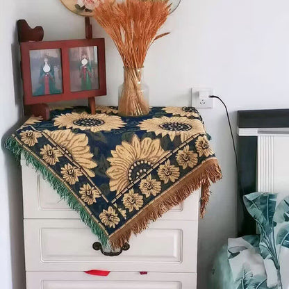 Tovaglia vintage in jacquard con motivo gerbera e girasole blu