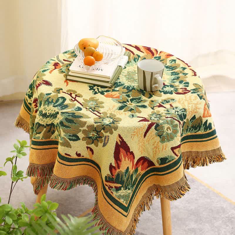 Tovaglia vintage in jacquard con motivo gerbera e girasole blu