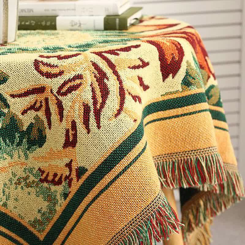 Tovaglia vintage in jacquard con motivo gerbera e girasole blu