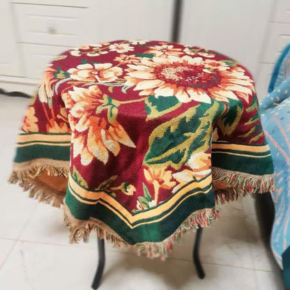Tovaglia vintage in jacquard con motivo gerbera e girasole blu