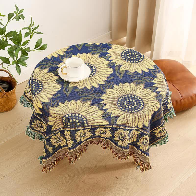 Tovaglia vintage in jacquard con motivo gerbera e girasole blu
