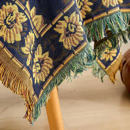 Tovaglia vintage in jacquard con motivo gerbera e girasole blu
