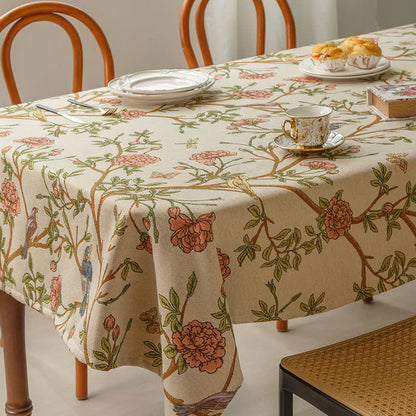 Elegante tovaglia con fiori e uccelli in filo tinto