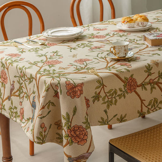 Elegante tovaglia con fiori e uccelli in filo tinto
