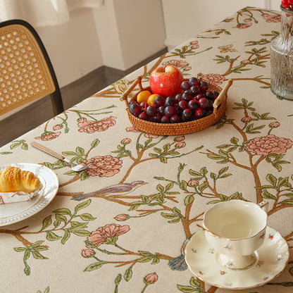 Elegante tovaglia con fiori e uccelli in filo tinto