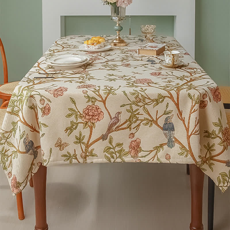 Elegante tovaglia con fiori e uccelli in filo tinto