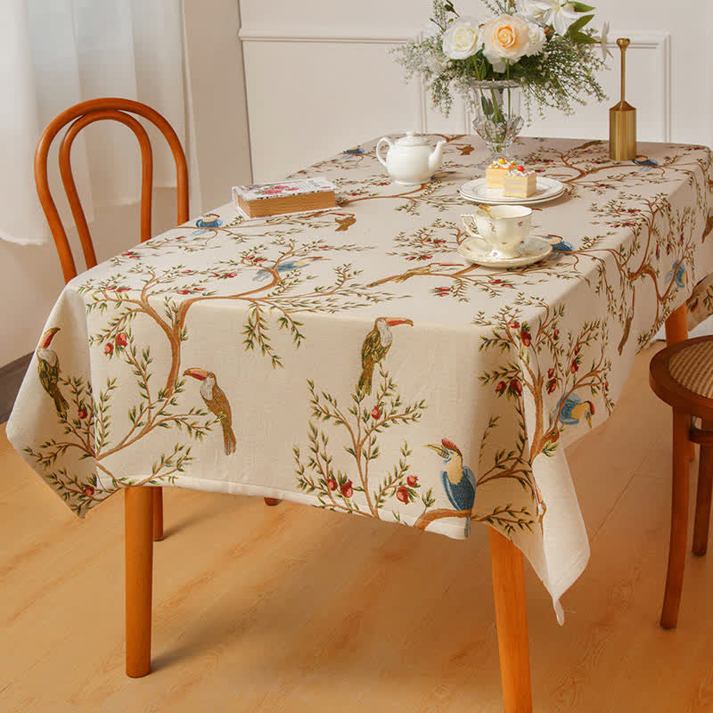 Elegante tovaglia con fiori e uccelli in filo tinto