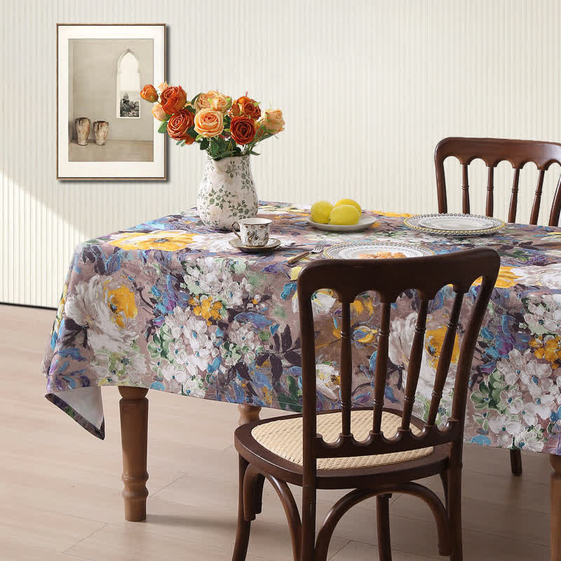 Tovaglia floreale con pittura a olio d'epoca