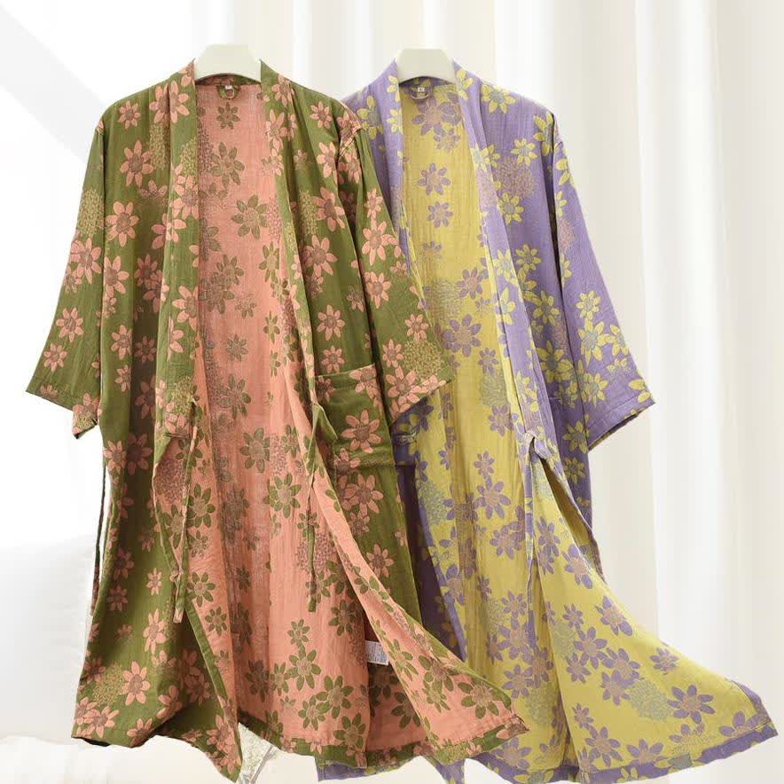 Accappatoio leggero in garza floreale jacquard
