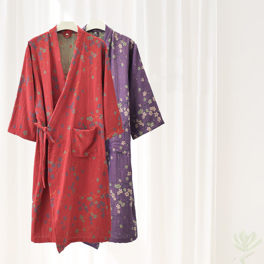 Accappatoio leggero in garza di cotone jacquard floreale