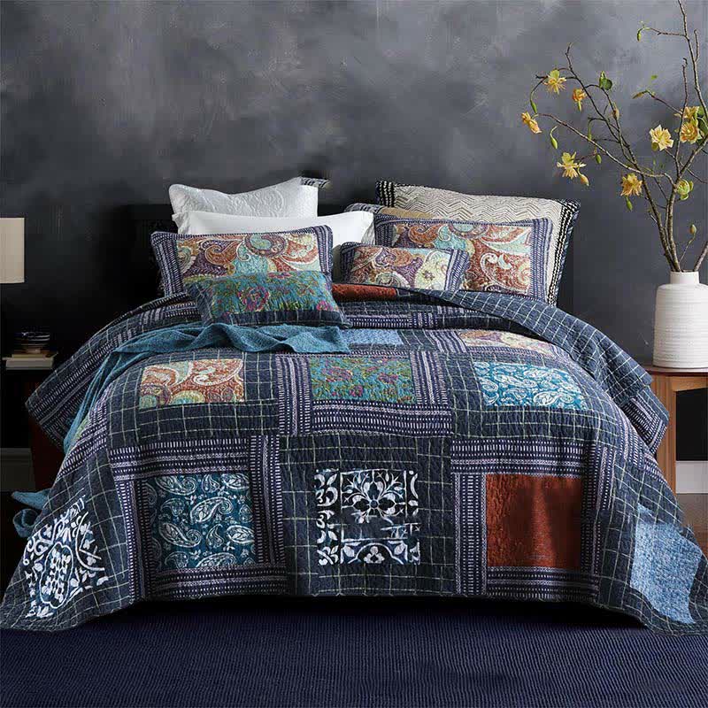 Set di biancheria da letto trapuntato in cotone con motivo Paisley retrò (3 pezzi)