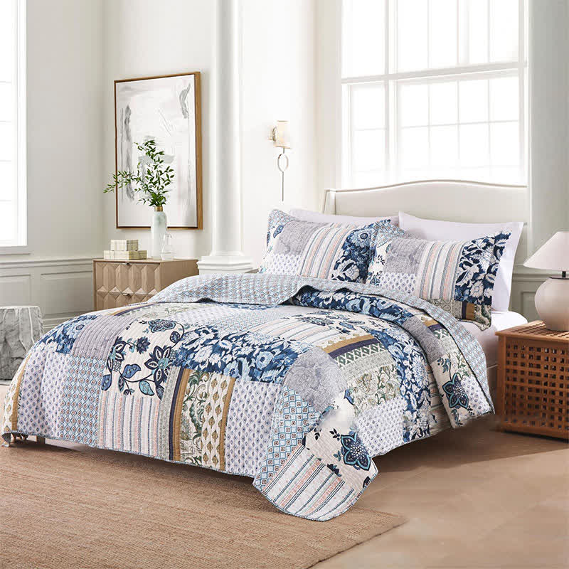 Set di biancheria da letto in cotone trapuntato con patchwork floreale (3 pezzi)
