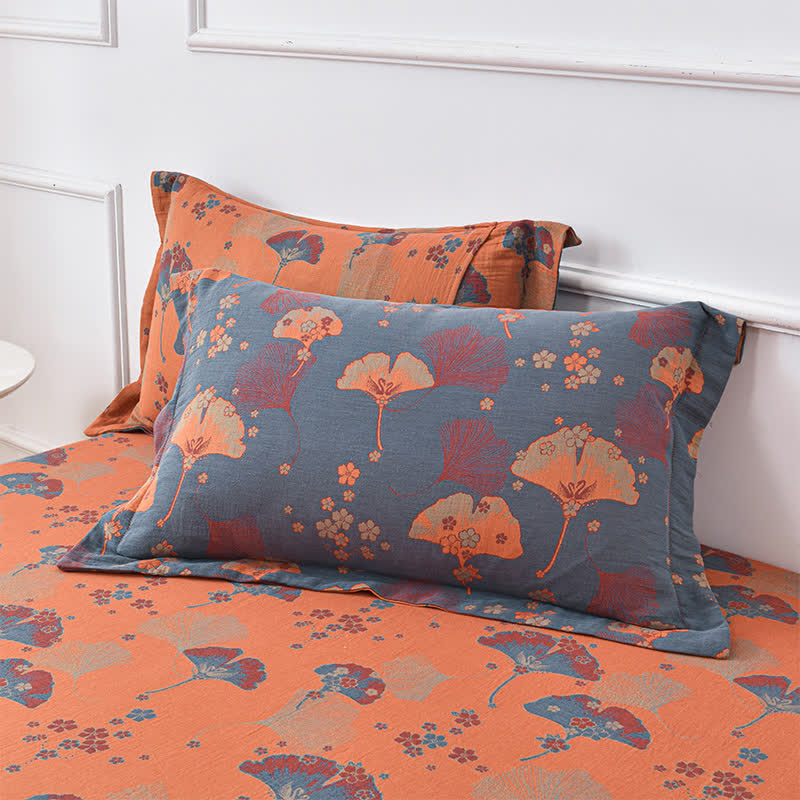 Copriletto in garza di cotone con motivo a foglie di ginkgo retrò jacquard