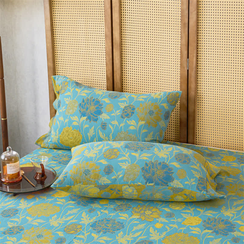 Set di biancheria da letto in garza di cotone traspirante con motivo floreale jacquard (3 pezzi)