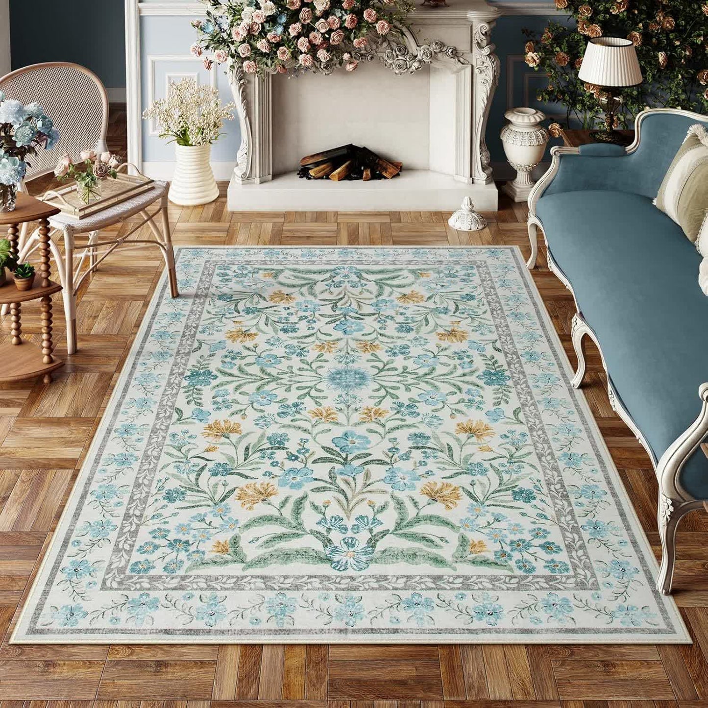 Elegante tappeto in velluto di cristallo con motivo floreale pastorale