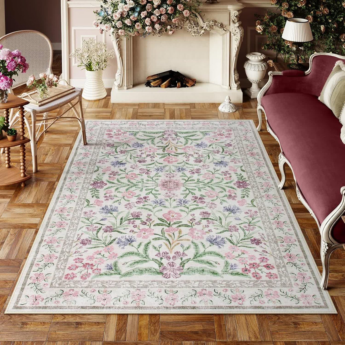 Elegante tappeto in velluto di cristallo con motivo floreale pastorale