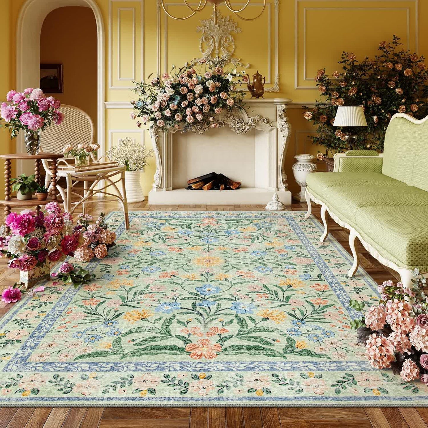 Elegante tappeto in velluto di cristallo con motivo floreale pastorale