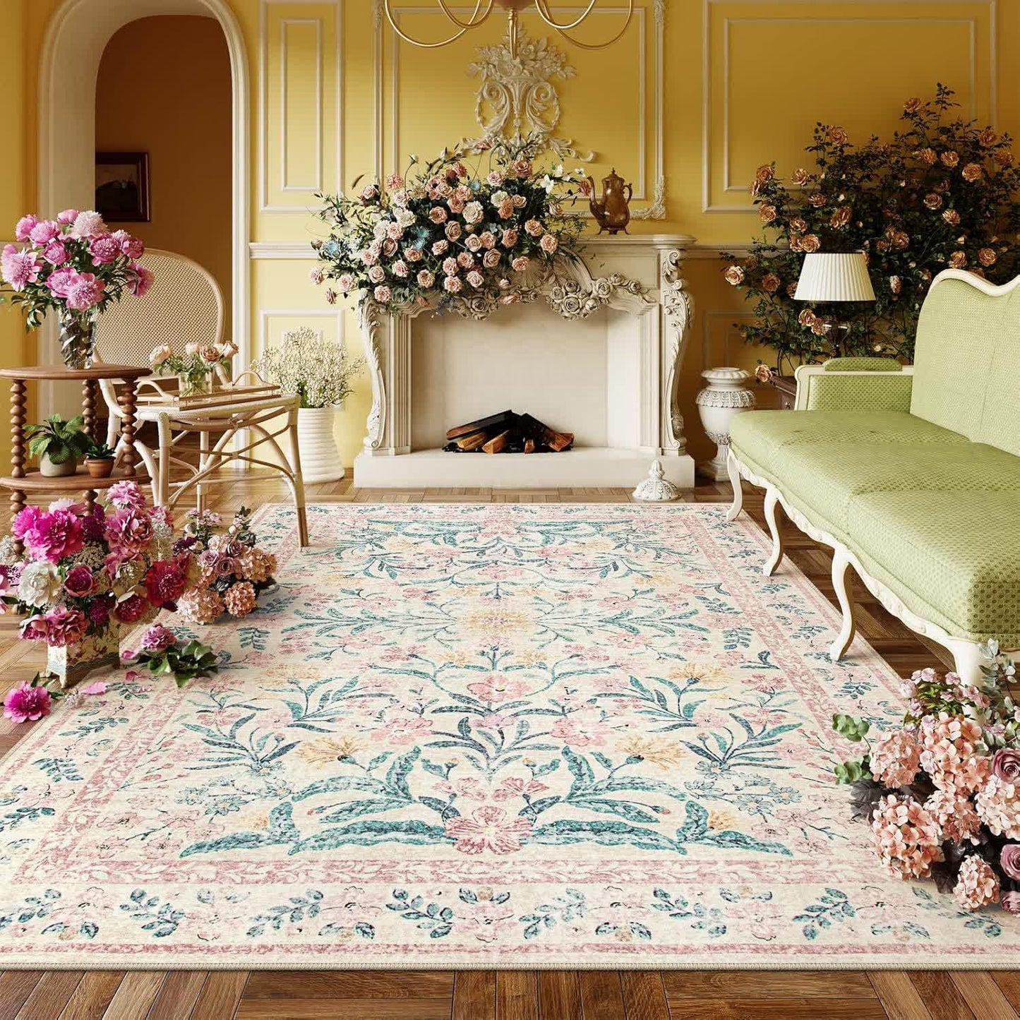 Elegante tappeto in velluto di cristallo con motivo floreale pastorale