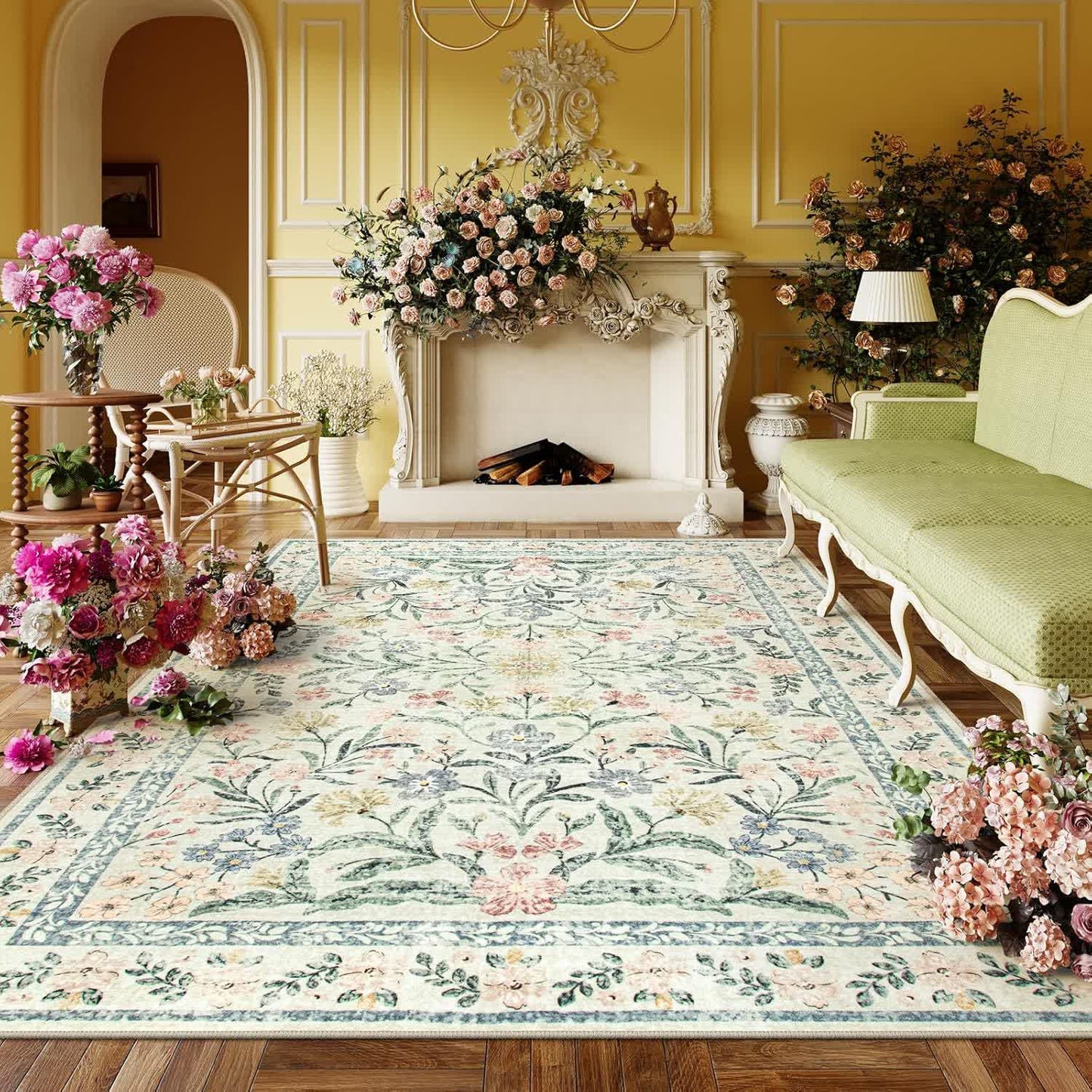 Elegante tappeto in velluto di cristallo con motivo floreale pastorale