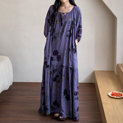 Camicia da notte lunga, traspirante e morbida, con stampa floreale retrò