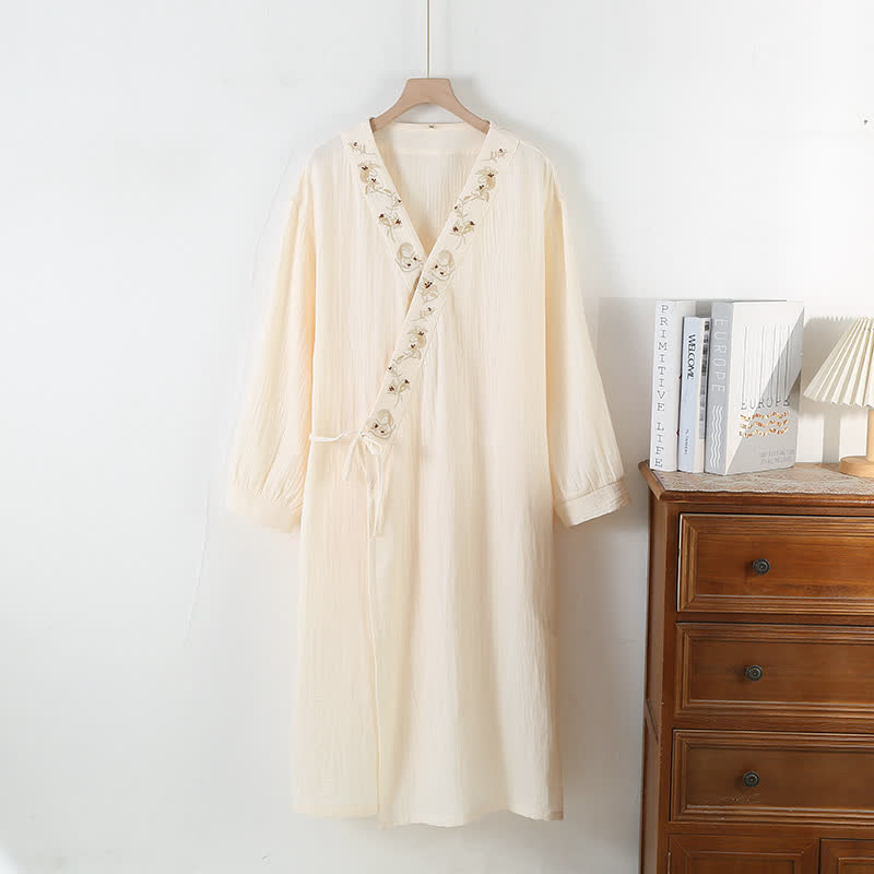 Camicia da notte morbida in garza di cotone con ricamo floreale