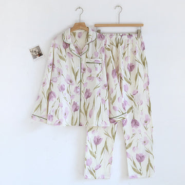 Pigiama con risvolto in garza di cotone jacquard a tulipano