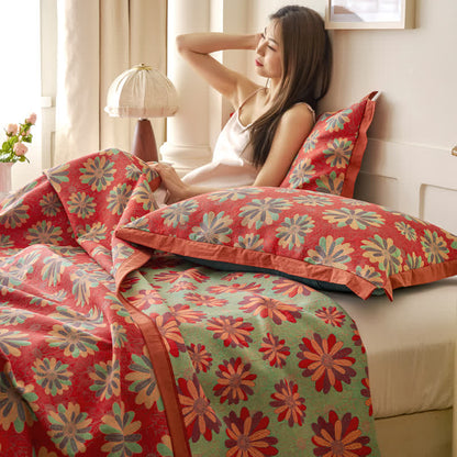 Coperta jacquard tinta in filo in garza di cotone floreale
