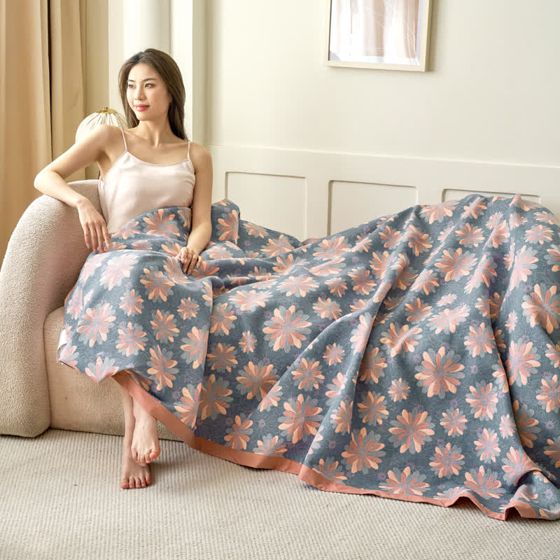 Coperta jacquard tinta in filo in garza di cotone floreale