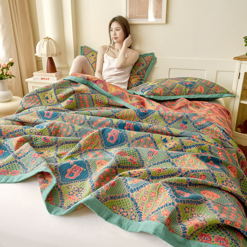 Trapunta in cotone jacquard a doppio strato con orsetto