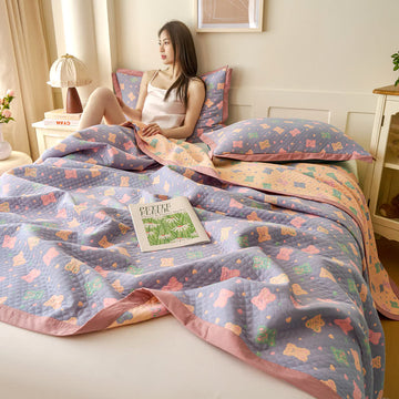 Trapunta reversibile in garza di cotone Jacquard Bear