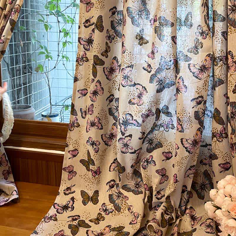 Tenda in cotone e lino con stampa a farfalla rustica