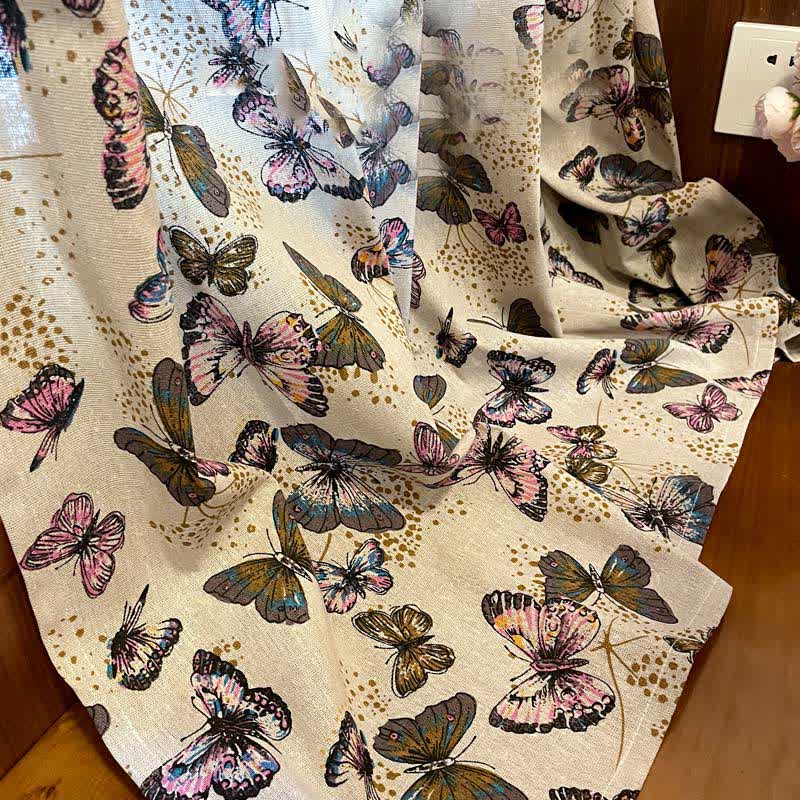 Tenda in cotone e lino con stampa a farfalla rustica