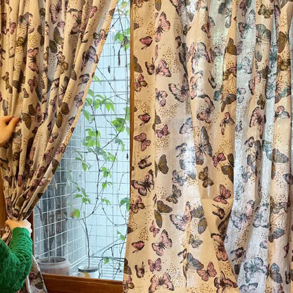 Tenda in cotone e lino con stampa a farfalla rustica