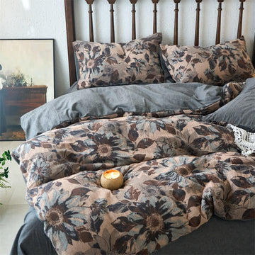Set di biancheria da letto in cotone jacquard floreale tinto in filo (4 pezzi)
