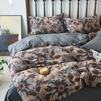 Set di biancheria da letto in cotone jacquard floreale tinto in filo (4 pezzi)