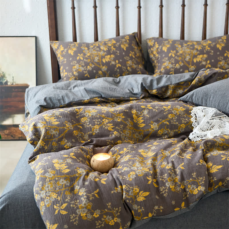 Set copripiumino in garza di cotone, colore prugna, Bossom (4 pezzi)