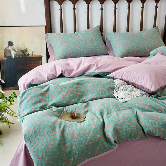 Set copripiumino in garza jacquard floreale (4 pezzi)
