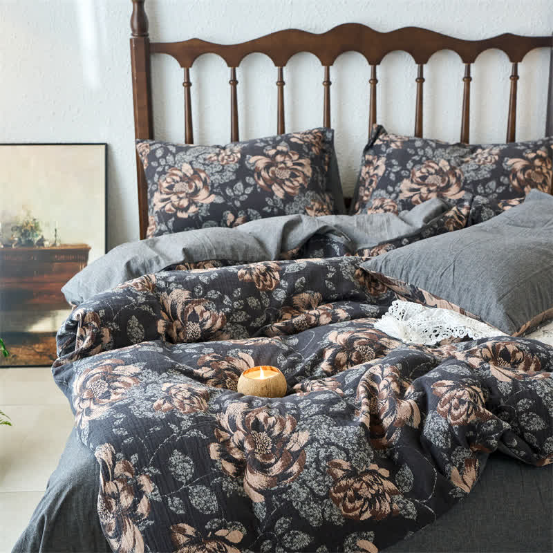 Set di biancheria da letto floreale in jacquard di garza di cotone retrò (4 pezzi)