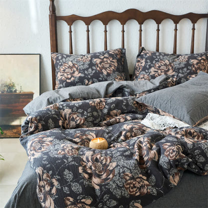 Set di biancheria da letto floreale in jacquard di garza di cotone retrò (4 pezzi)