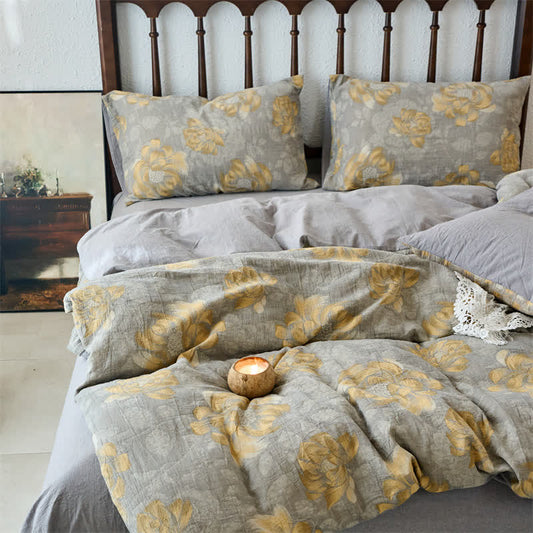 Set di biancheria da letto floreale neutro in garza di cotone (4 pezzi)