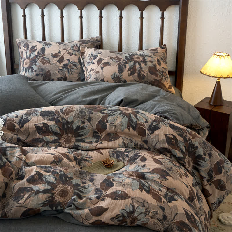 Set di biancheria da letto in cotone jacquard floreale tinto in filo (4 pezzi)