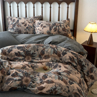 Set di biancheria da letto in cotone jacquard floreale tinto in filo (4 pezzi)