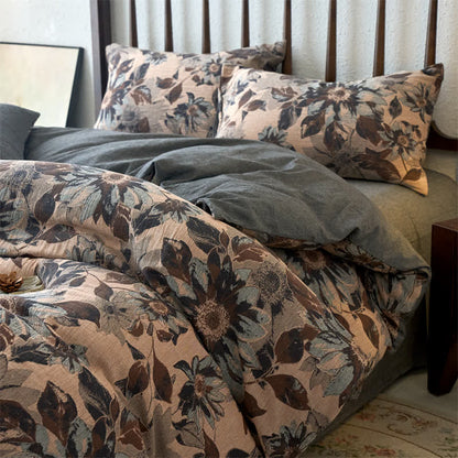 Set di biancheria da letto in cotone jacquard floreale tinto in filo (4 pezzi)